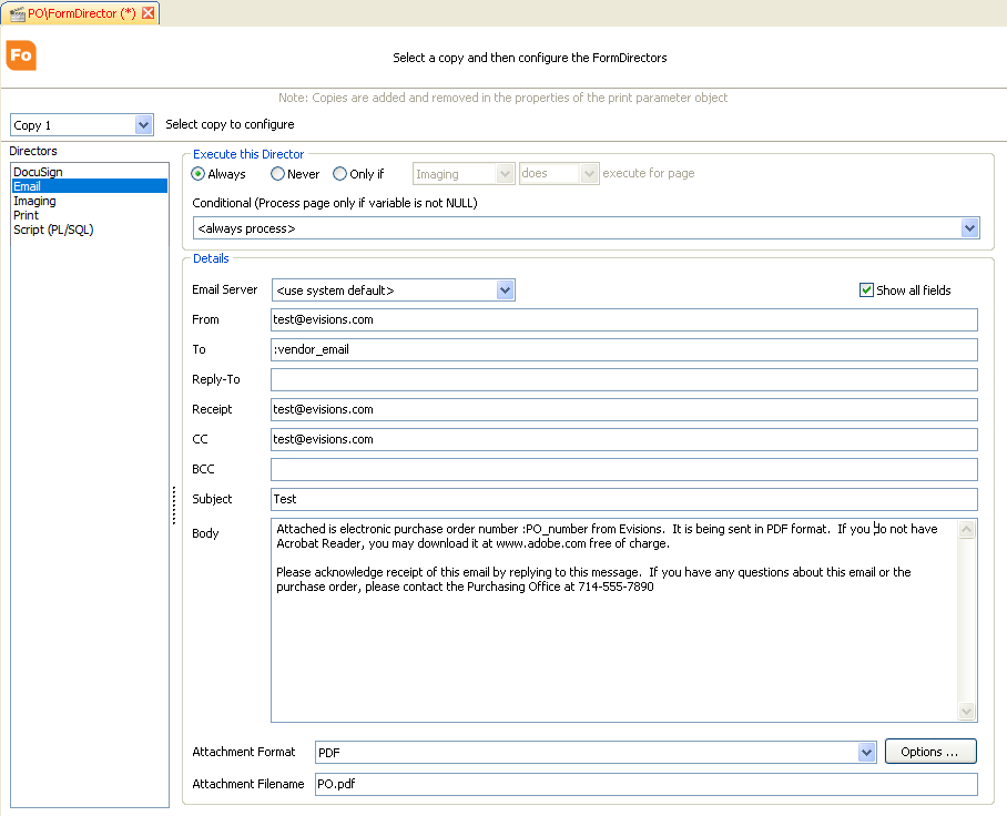 The form director screen showing the email options. There are typical options for constructing an email in addition to a drop down to select the email server and execute conditions for the director.